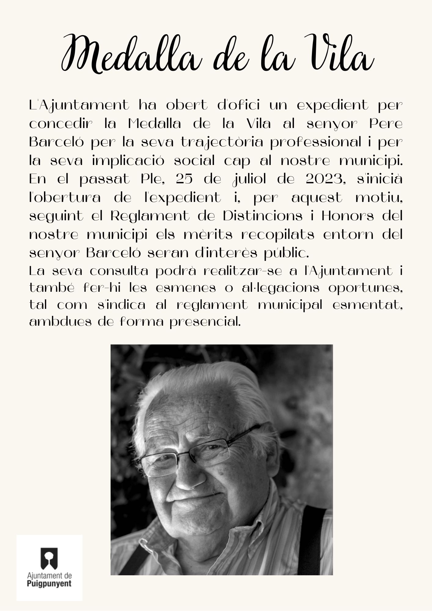 Cartell medalla de la Vila Pere Barcelo